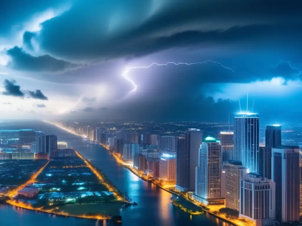 In this cinematic image, a looming hurricane threatens a vibrant city skyline