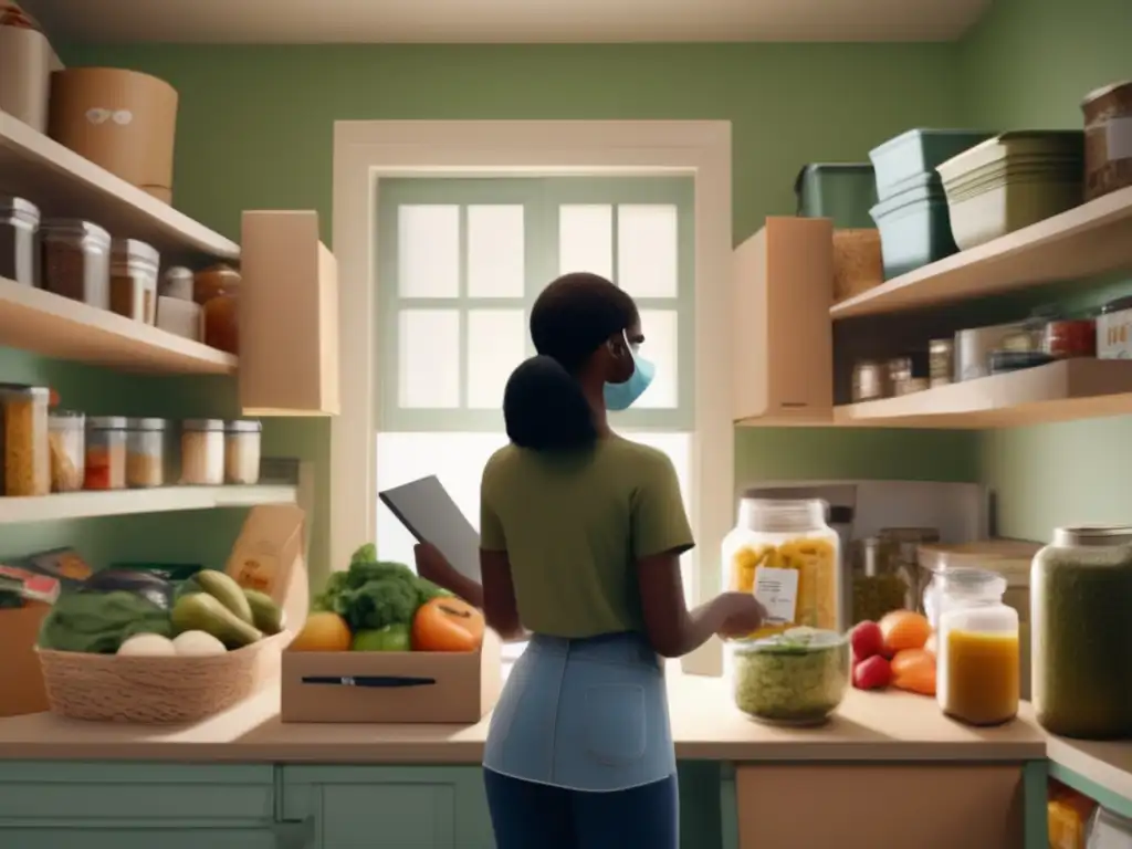 A young woman in a mask stands in a chaotic kitchen with canned goods and produce scattered around