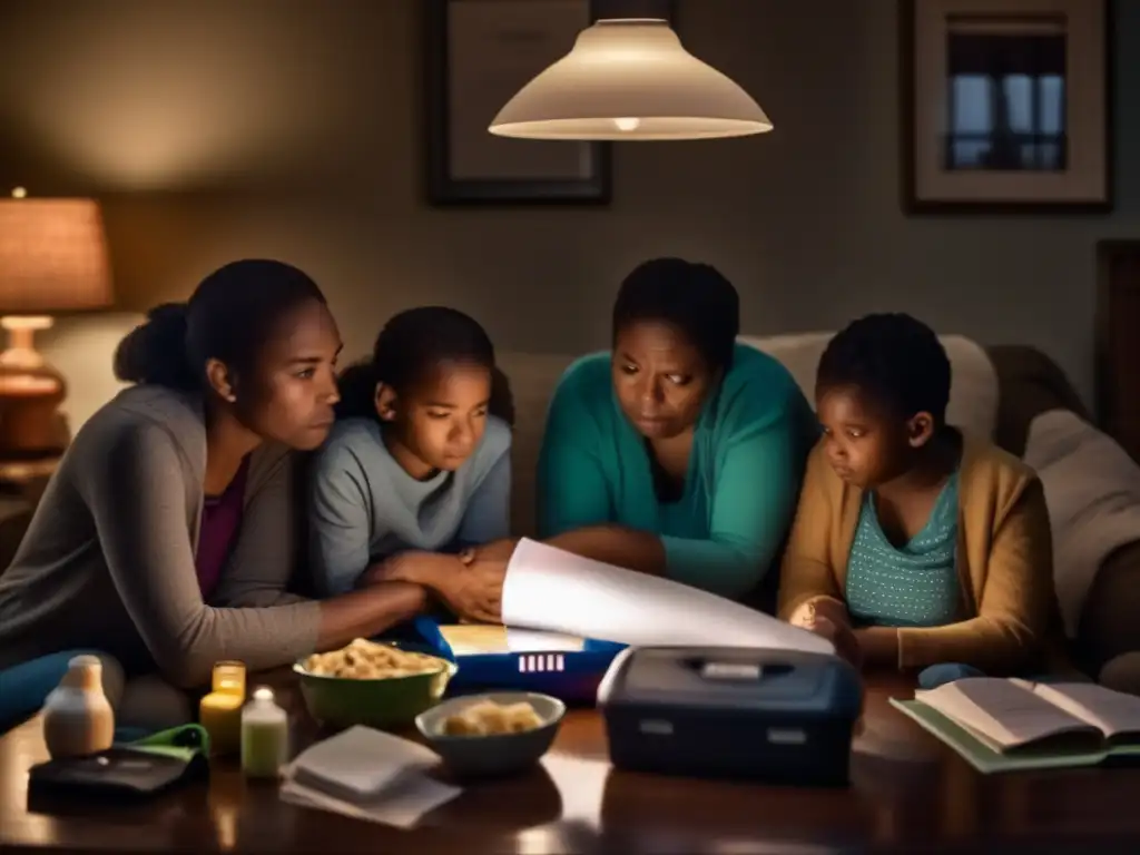 Hurricanes- an image of a family huddled together in a bleak room, clutching essentials like water, snacks, and flashlights