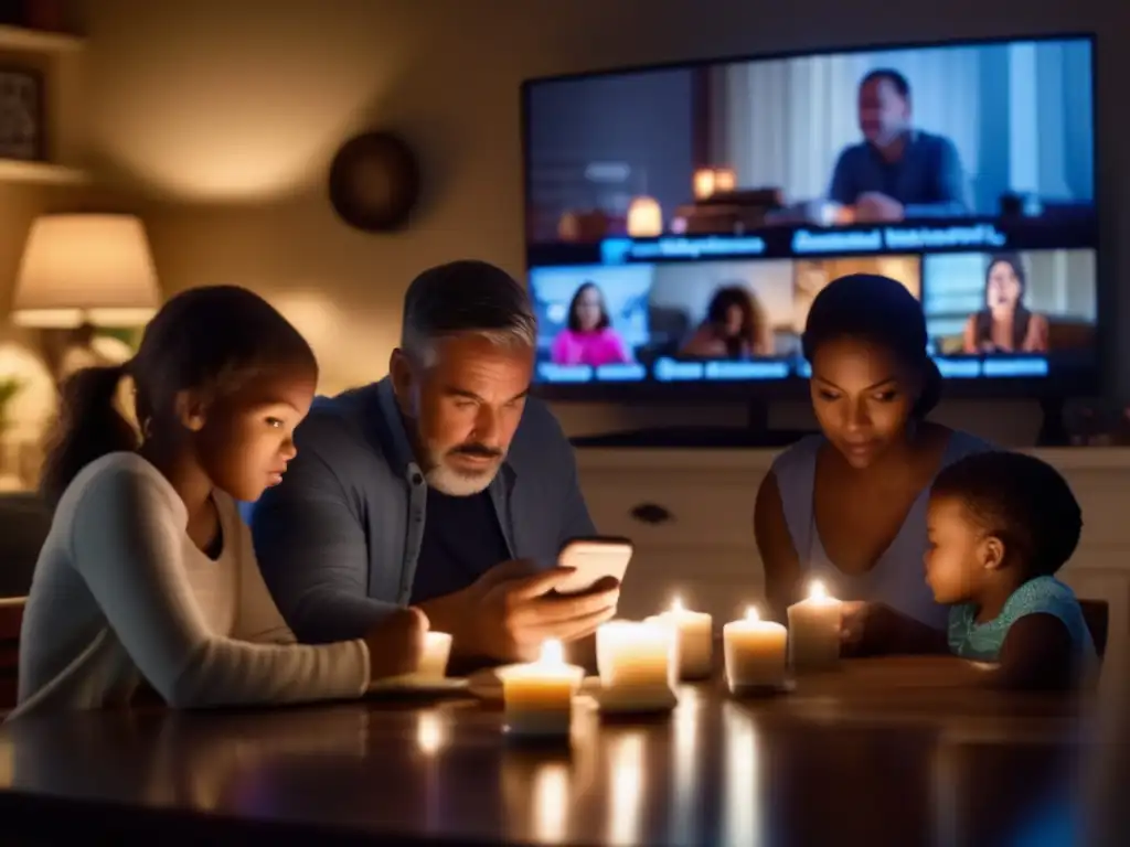 A family gathers around a dimly lit dining table, lit only by flickering candles and flashlights