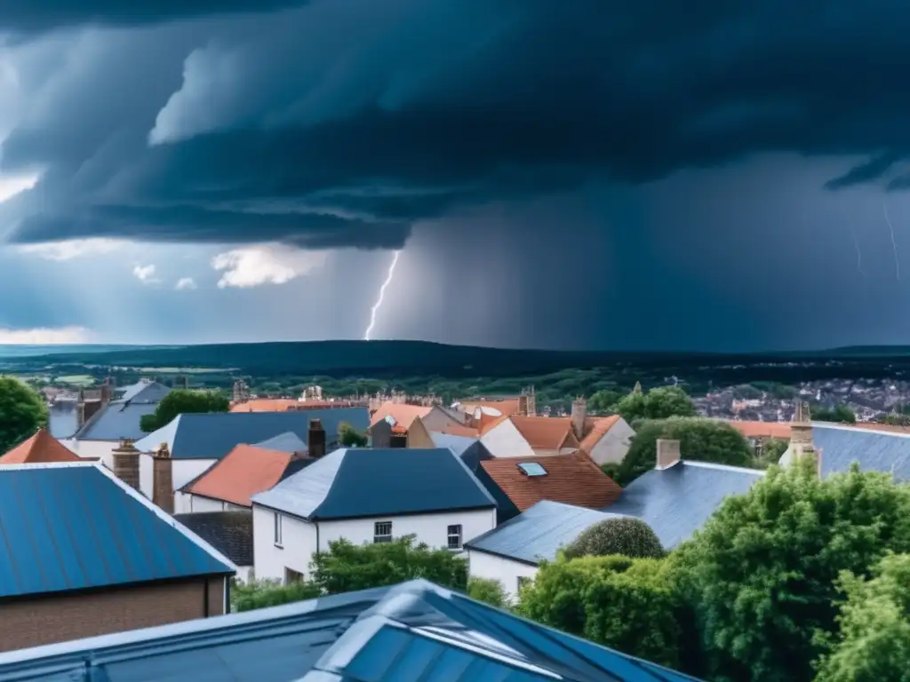 A cinematic view of a blue sky with a storm brewing in the distance, looking down onto a small town