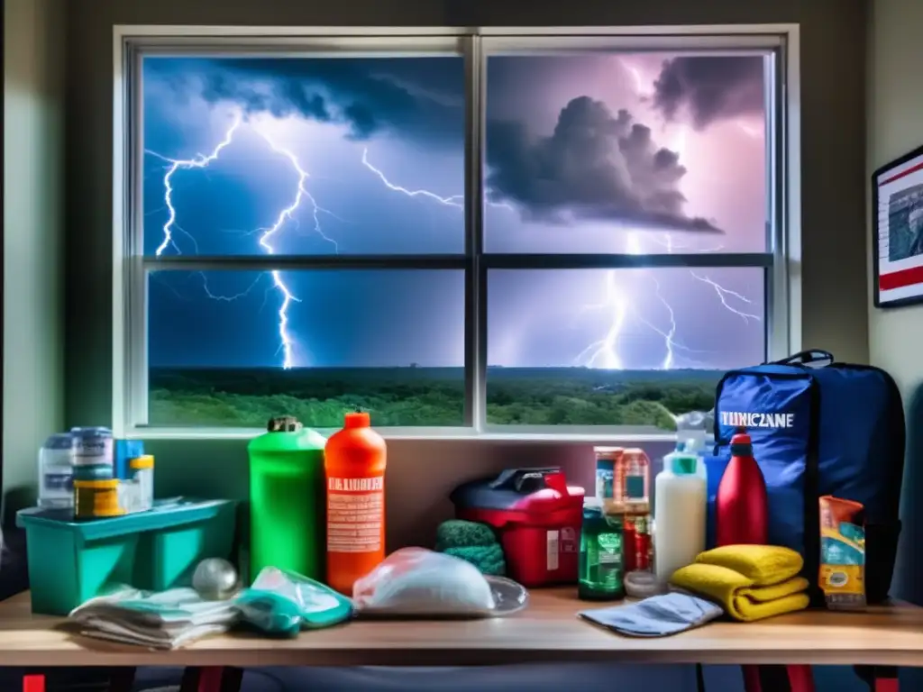 A determined individual standing amidst hurricane supplies, ready to confront the storm outside with this essential kit in hand