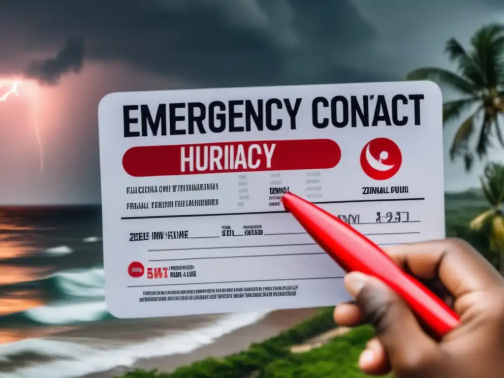 Amid the turmoil of a hurricane, a person holds a lifeline: an emergency contact card