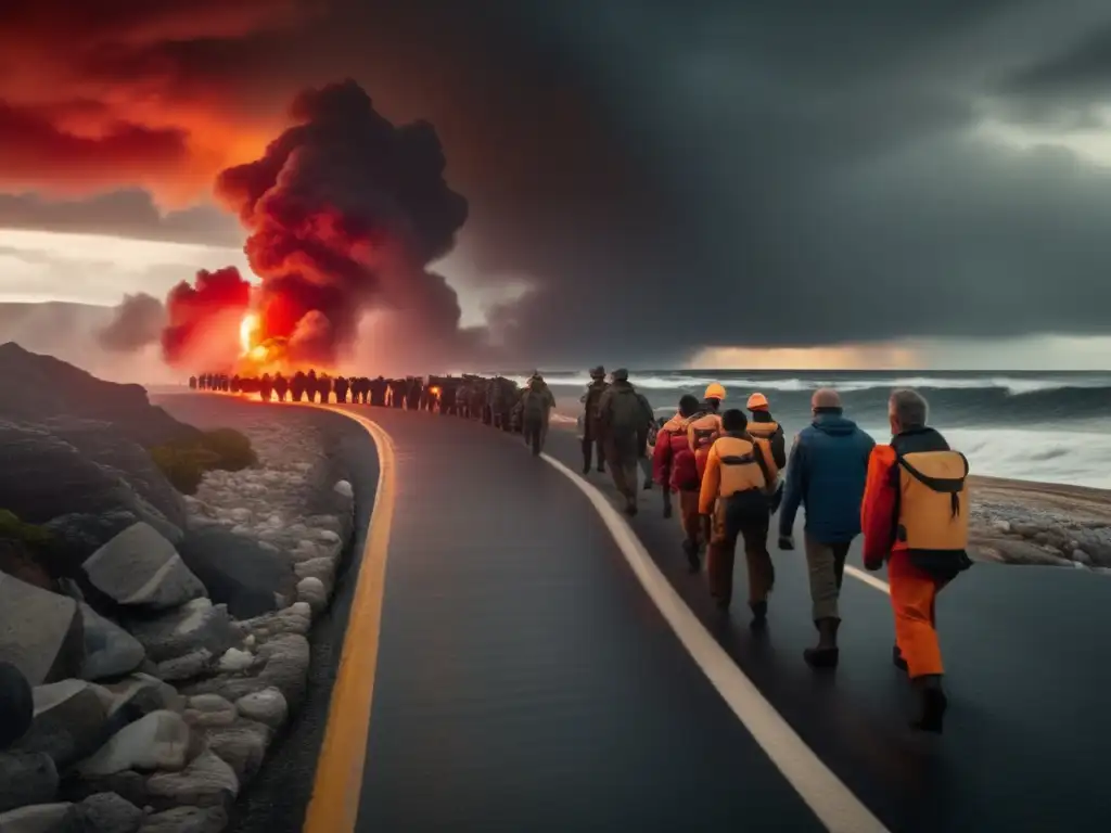 A cinematic image of a group of determined individuals, heaving a box of marine flares, navigating a rocky shore, on a winding beach road