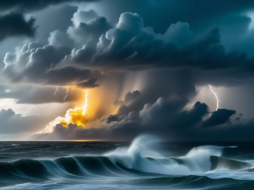 A cinematic style aerial shot of a hurricane brewing in the ocean, with black clouds and heavy rain pouring down, lifting the waves