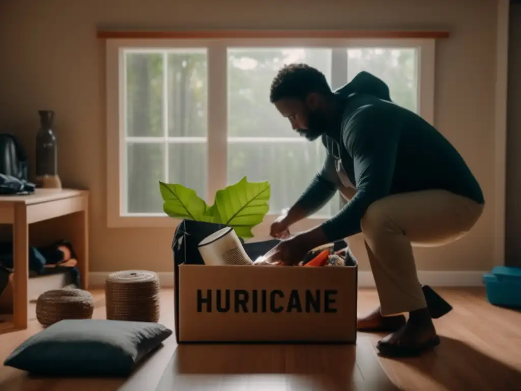 A person meticulously assembles a hurricane emergency kit, standing in a dimly lit room with a hard hat and clipboard, surrounded by a clipboard, flashlights, nonperishable food, water bottles, blankets, first aid kits, batterypowered or hand crank radios, whistles, and emergency cash