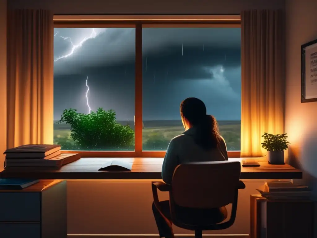 A lone figure hunches over a makeshift desk, perched atop a wooden table in a dimly lit small home office, gazing out the rain-splattered window