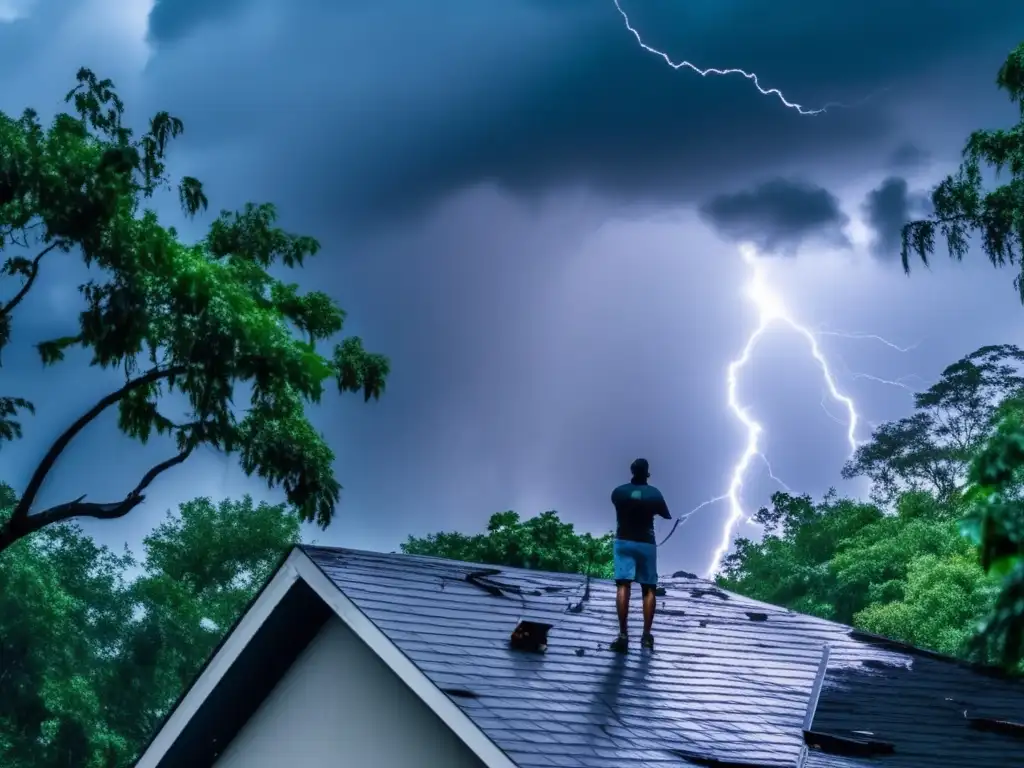 A stormy sky with lightning flashes ominously behind a damaged roof, surrounded by trees and debris