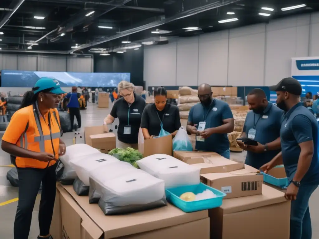 A diverse group of people gather supplies for hurricane preparation