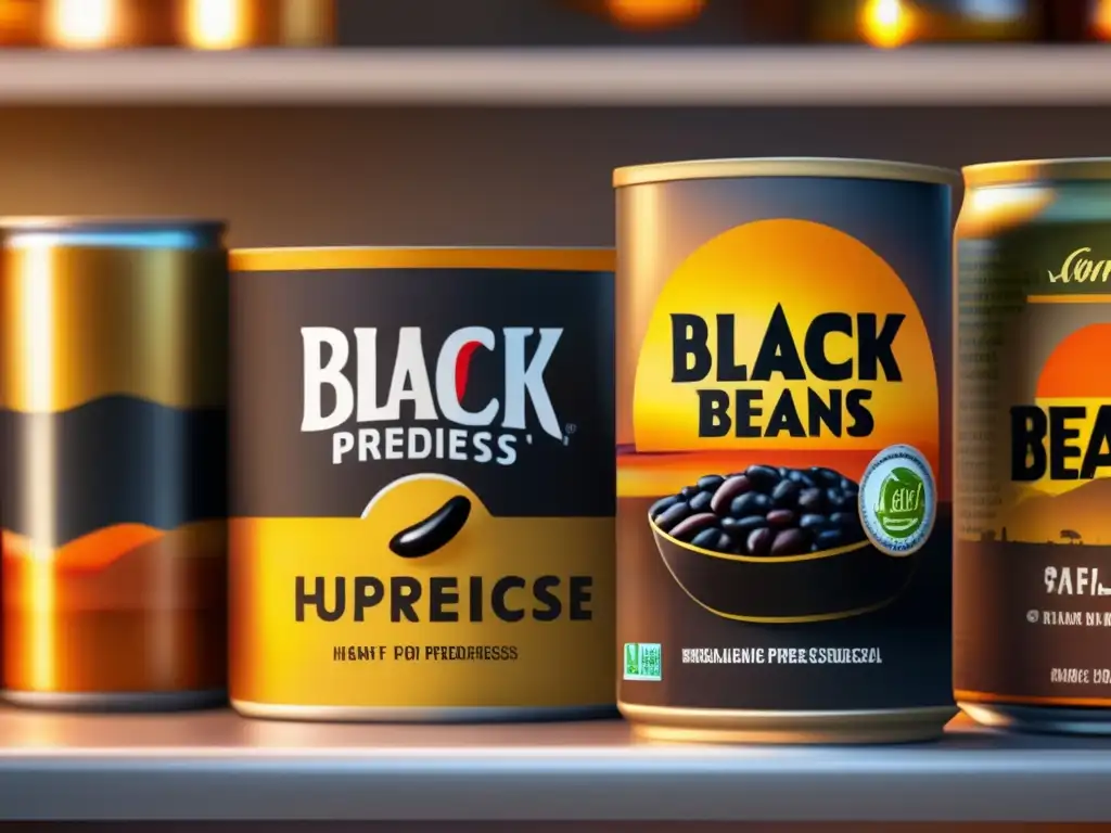 A hearty supply of black beans, ready for any storm, nestled amongst other canned staples against a vibrant sunset horizon