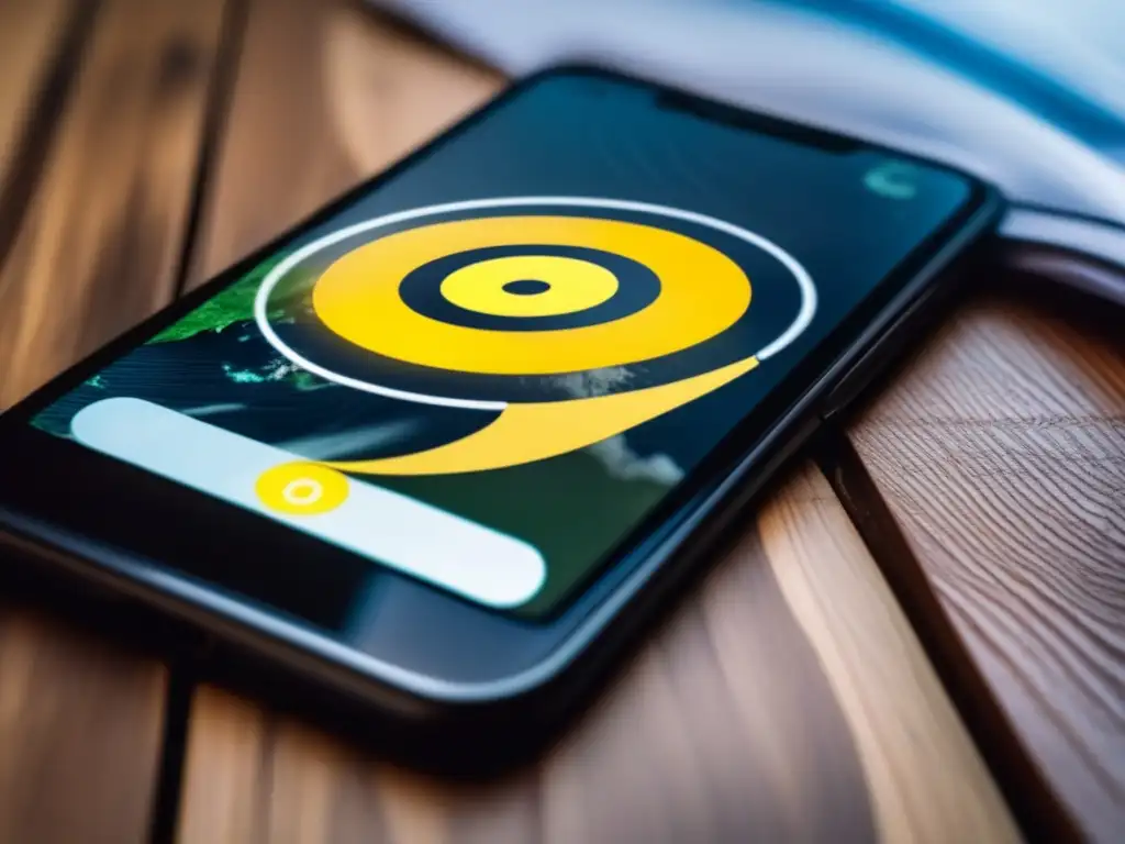 A cinematic closeup shot of a sleek, black smartphone resting on a wooden table