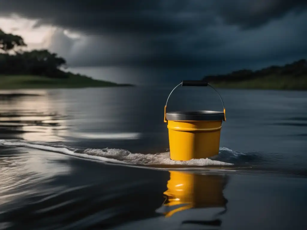 An urgent scene of a hurricane, with a collapsible bucket as the hero