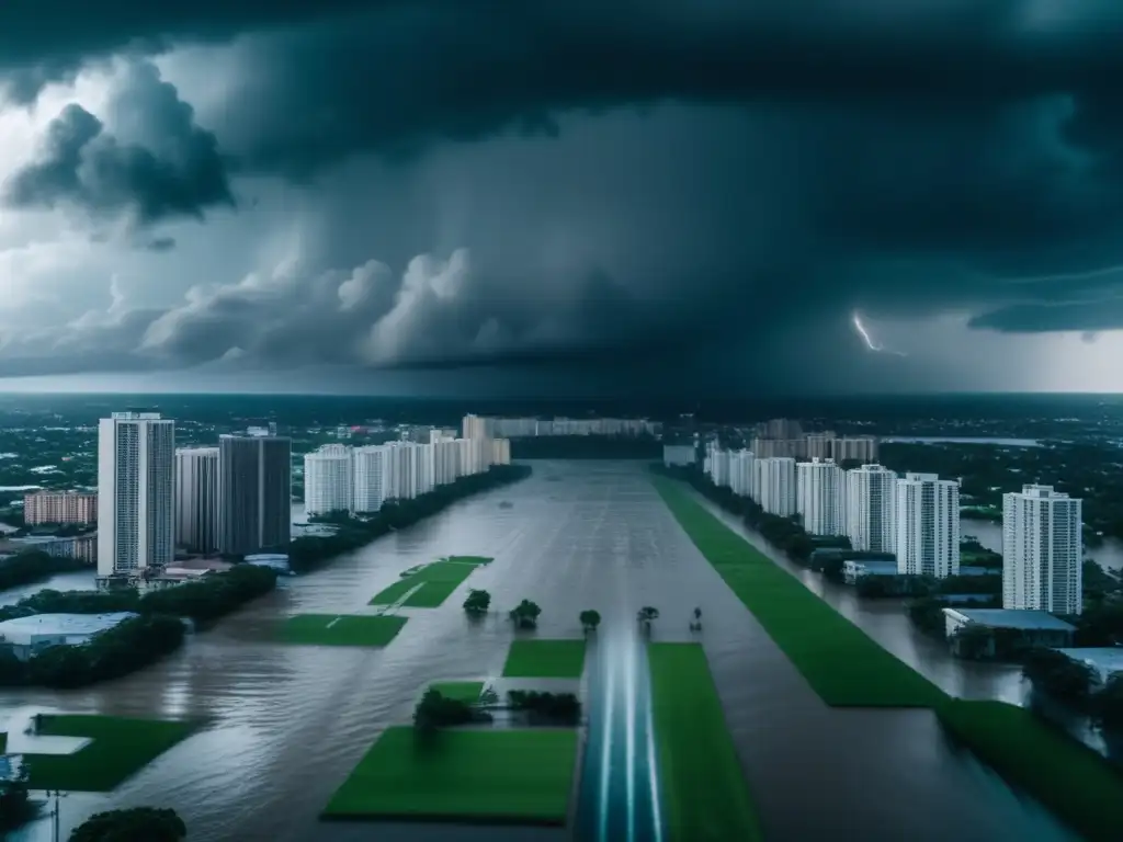 A dramatic cinematic image captures the raw power of a hurricane, with dark clouds billowing over a city skyline