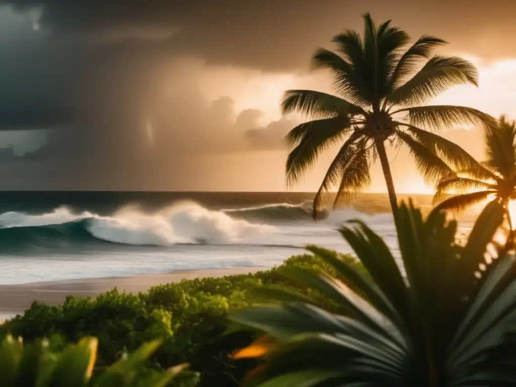 During a hurricane, a lush tropical landscape with swaying palm trees and roaring waves in the background