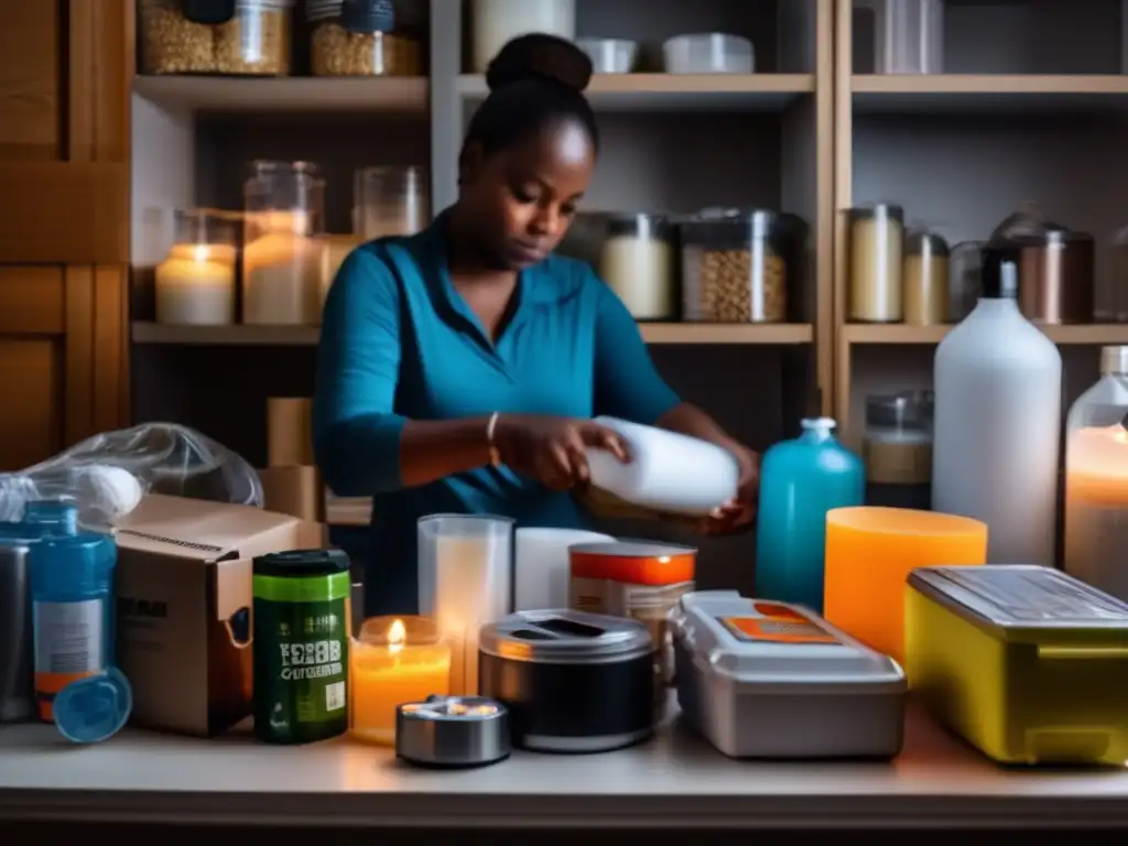 A person meticulously putting together a storm kit, surrounded by hurricane necessities like candles, flashlights, and nonperishable food