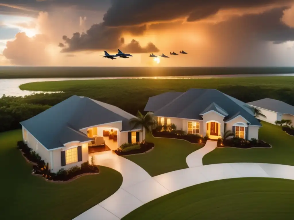 A poignant aerial view of a multigenerational household fortifying their home ahead of a hurricane