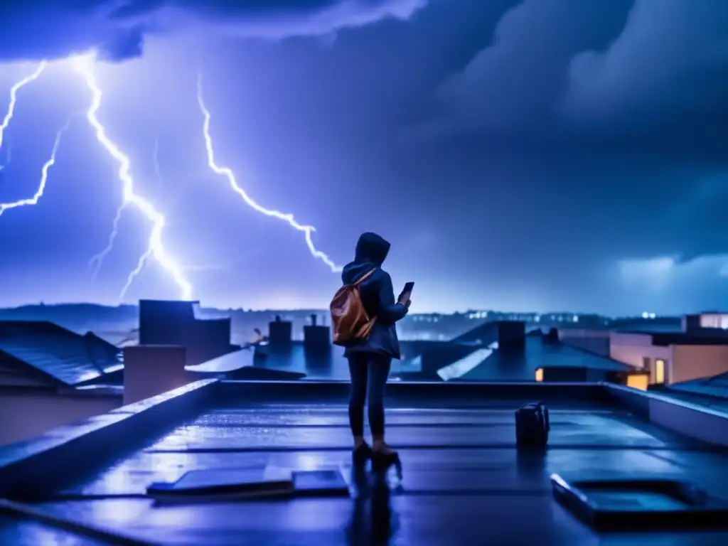 In the heart of a hurricane, a lone figure stands on a rooftop, clinging to their mobile device