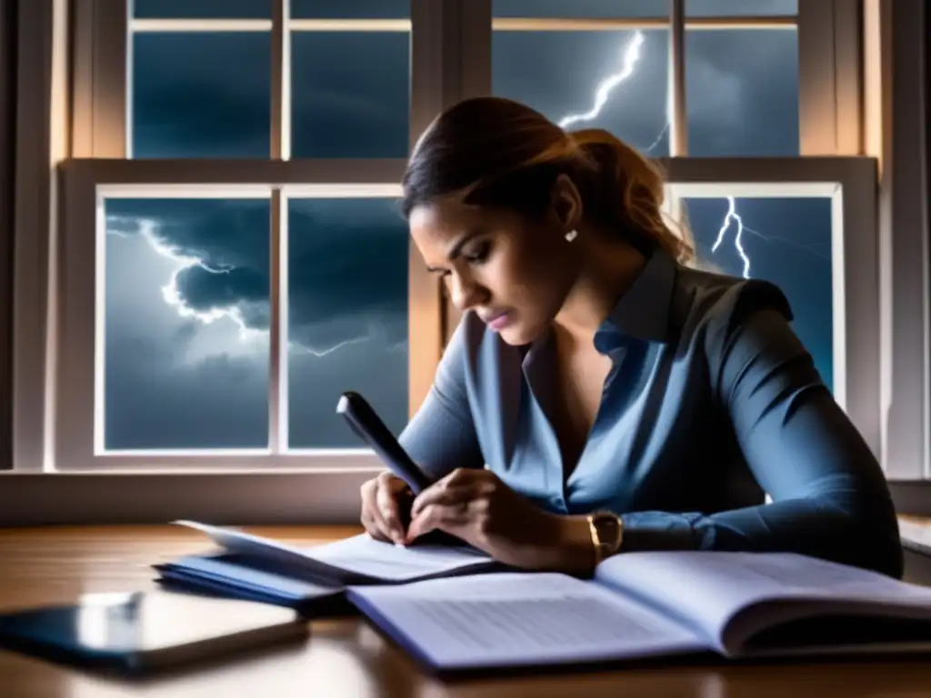 A person squats at a cluttered desk, hunched over a newspaper or device, with a stormy sky looming behind them