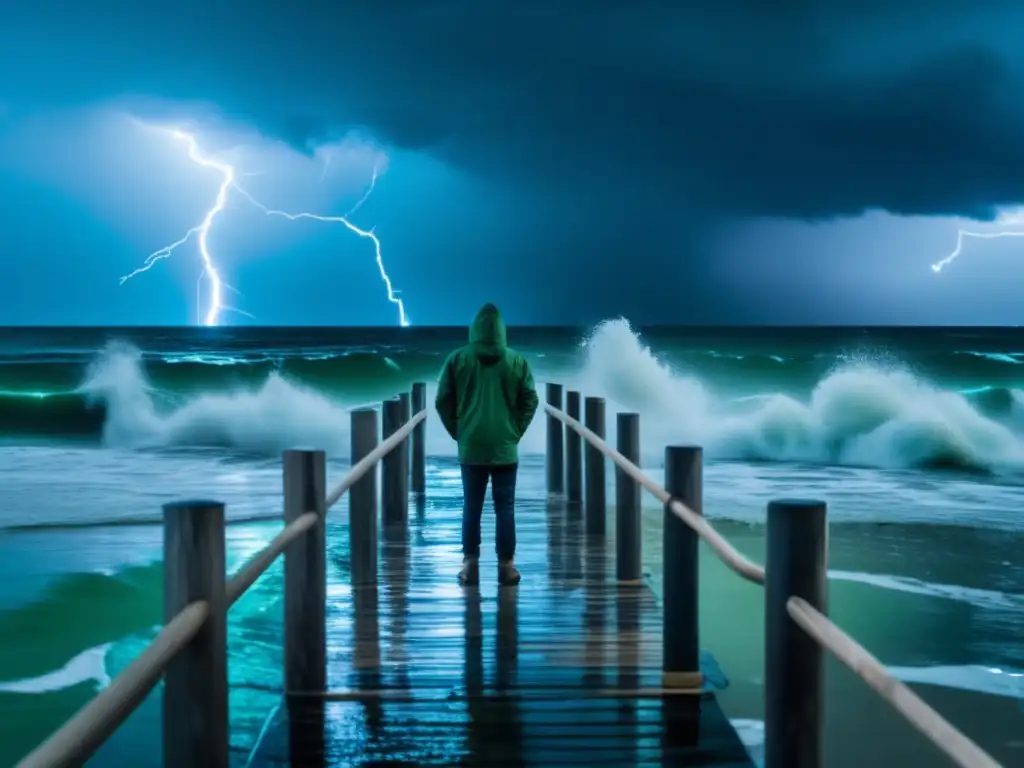 A riveting image shows a resolute person standing on a pier amidst a tempestuous sea, holding onto the ground as sandbags fill up in the background