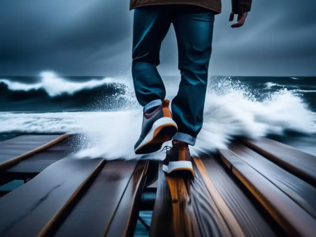 Amidst the chaos and danger of a hurricane, a determined person stands tall on a wooden dock, shielded by antislip shoe covers