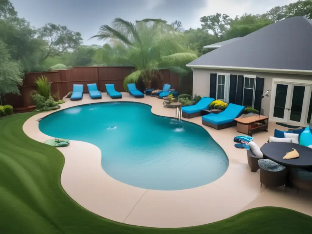 A child stands calmly near a backyard swimming pool preparing for a hurricane