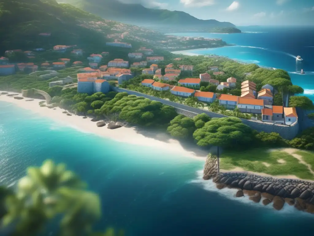 A city braced for a storm: Fortified buildings, seawalls, and storm shutters protect against the approaching hurricane, contrasting with the lush green trees and clear blue sea in the background