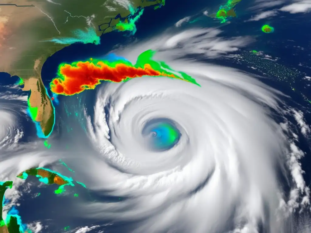 Hurricane ravages coastline with swirling orangered clouds, epicenter clearly visible in satellite imagery as radar scan overlaid