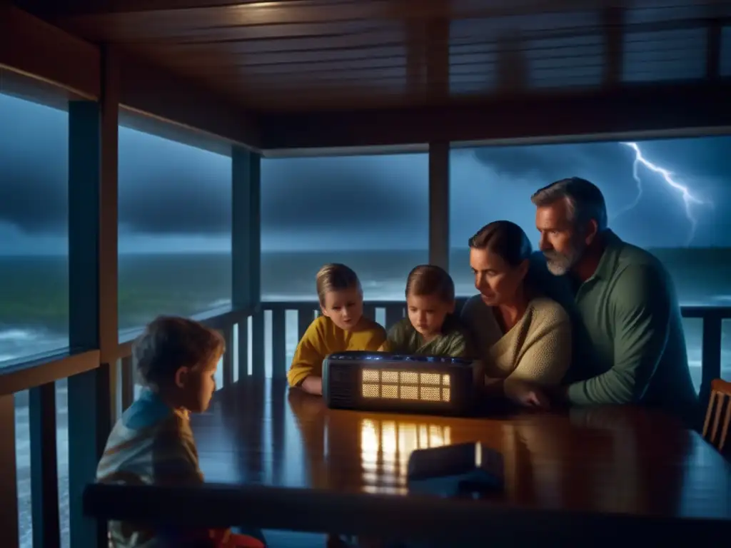 A huddled family, weather beats down, emergency radios their only connection, hurricane preparedness in the spotlight