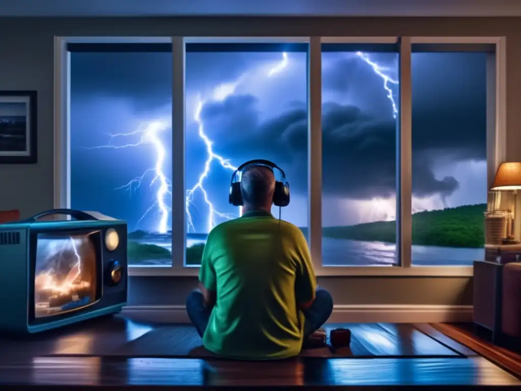 A person sits in their living room, holding an emergency radio with grim focus, as lightning strikes and rain pours down