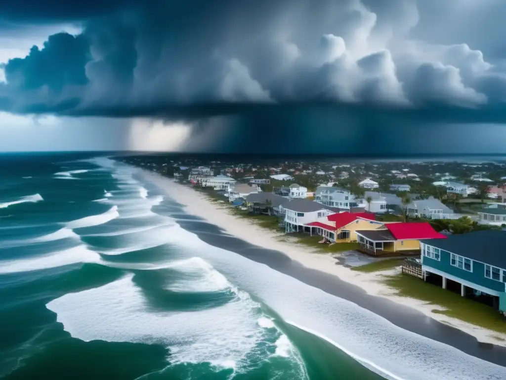 A dramatic aerial view of a hurricane-ravaged coastal town, with powerful waves crashing against the shore and torrential rain pouring down