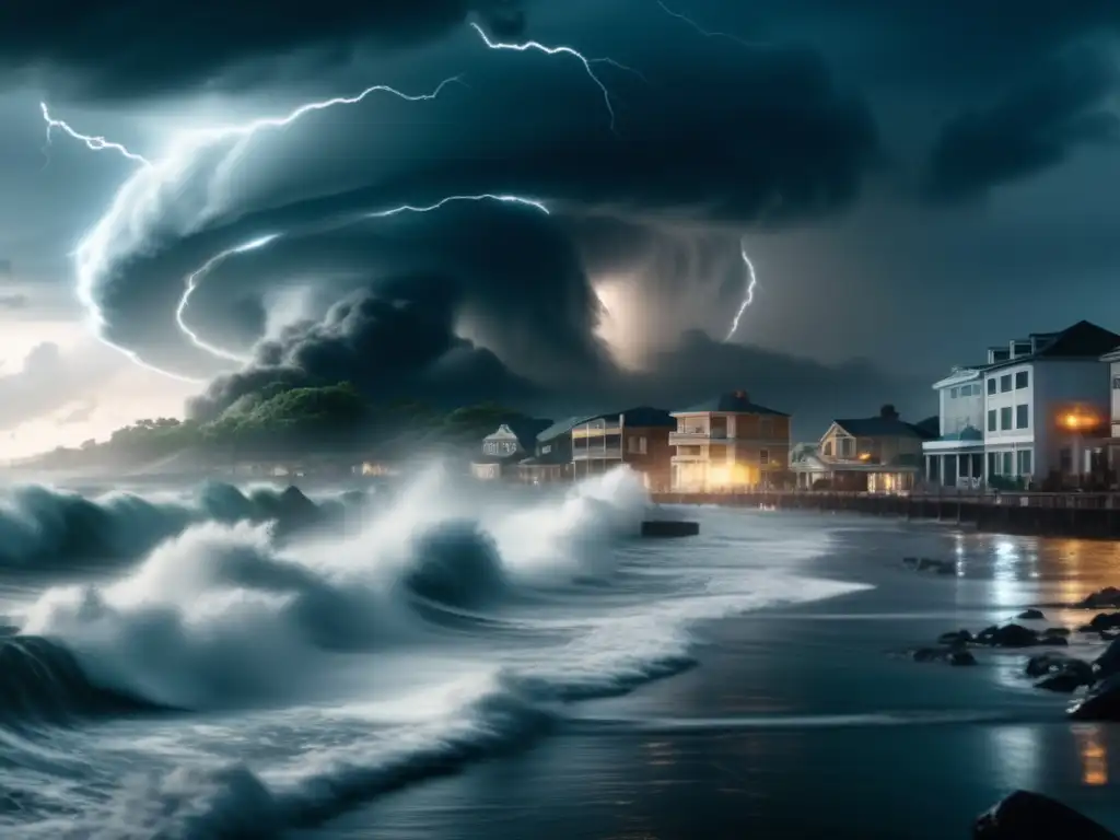 A massive hurricane wreaks havoc on a small coastal town, lifting cars off the ground and toppling buildings, as waves crash against the shore