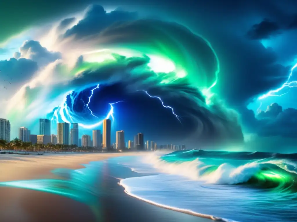 Powerful and fury: A hurricane of vibrant blues and greens towers above a city, illuminated by lightning