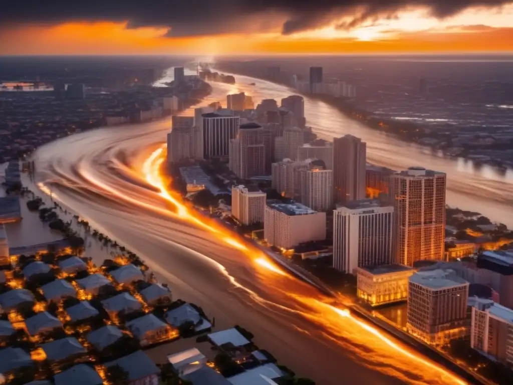 Amid dramatically flooded city, a massive hurricane twists, water rushes out relentlessly, casting grandeur and terror