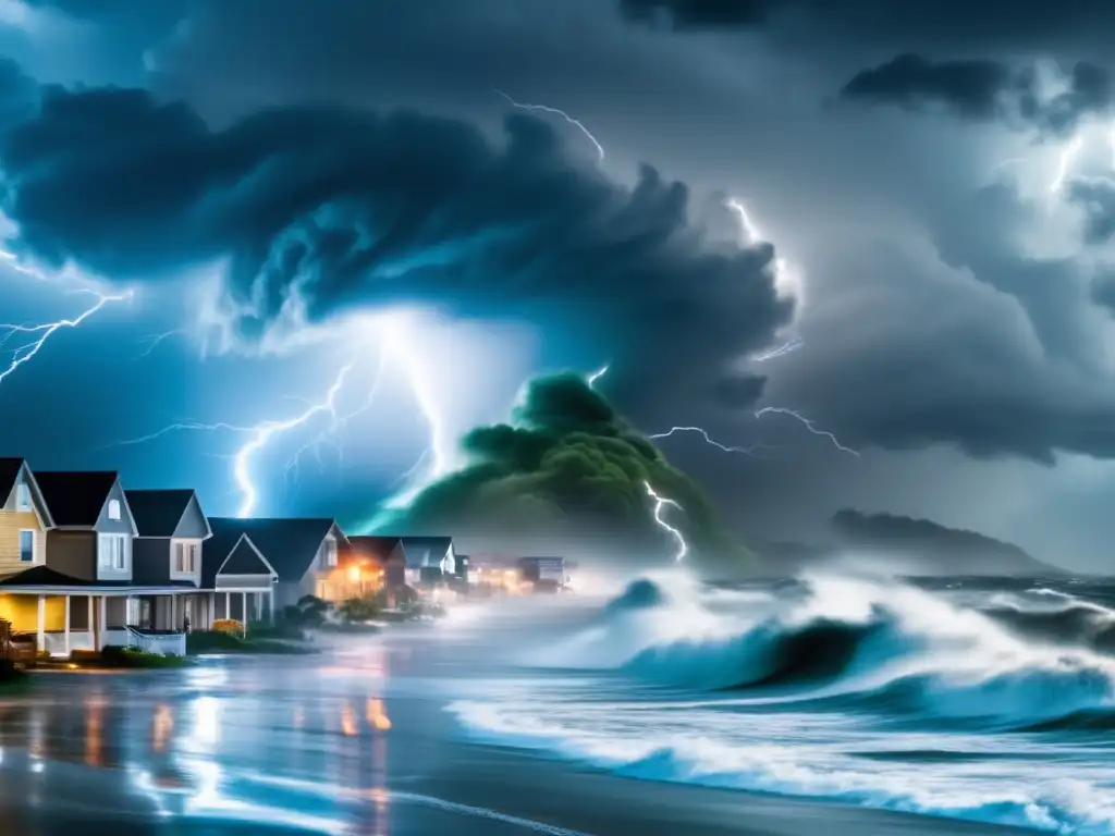 A cinematic depiction of a hurricane raging on a coastal town, with dark clouds swirling above, waves crashing against the shore, winds whipping around buildings, people running in fear, and lightning illuminating the sky