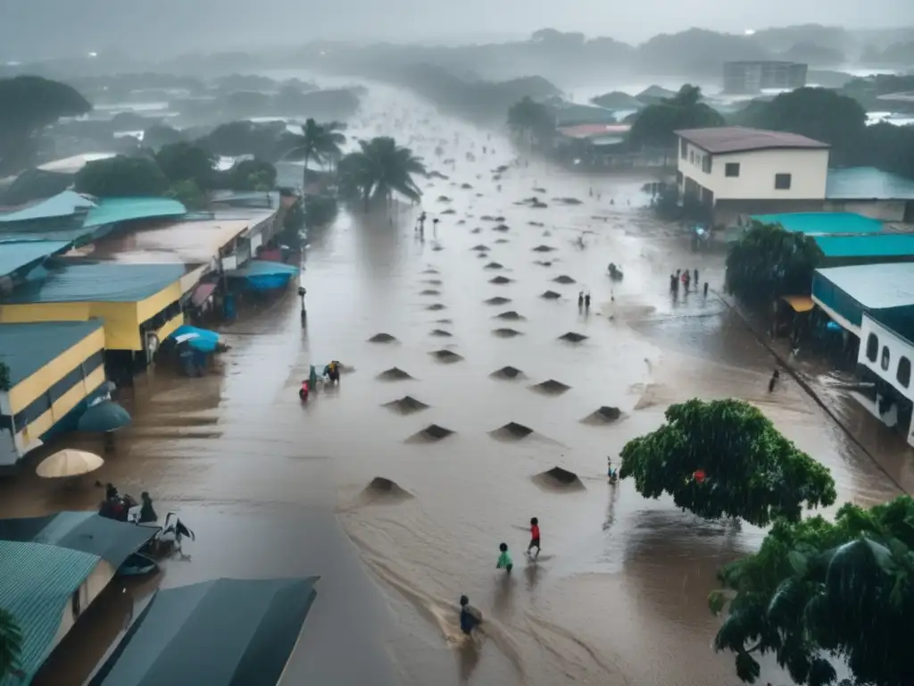 During the hurricane, a city's aerial view reveals chaos as rain pours down and debris is tossed about