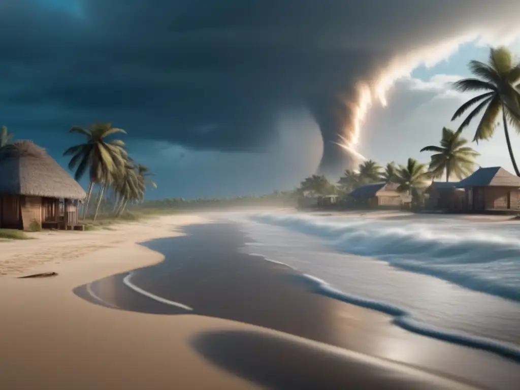 A haunting image of a desolate beach, battered by rain and strengthened by a towering, blue-white hurricane