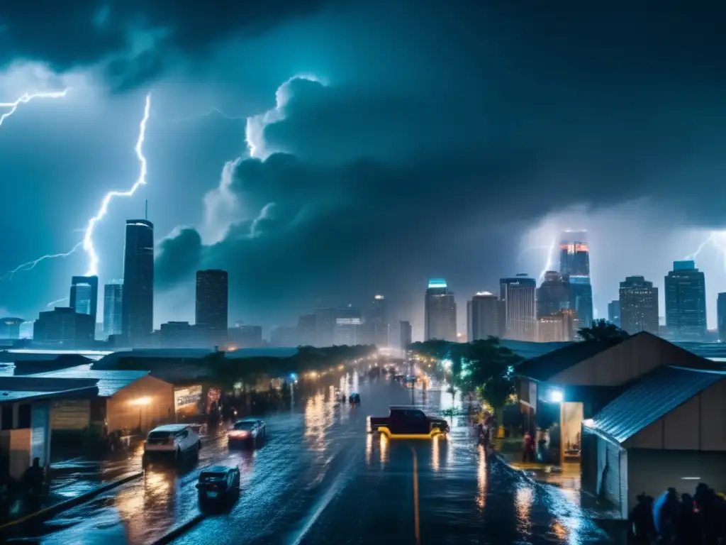 Amidst the chaos of a hurricane, a cinematic image captures a bustling city skyline, rain pouring heavily, lightning illuminating the clouds, and raindrenched people cautiously moving in the foreground