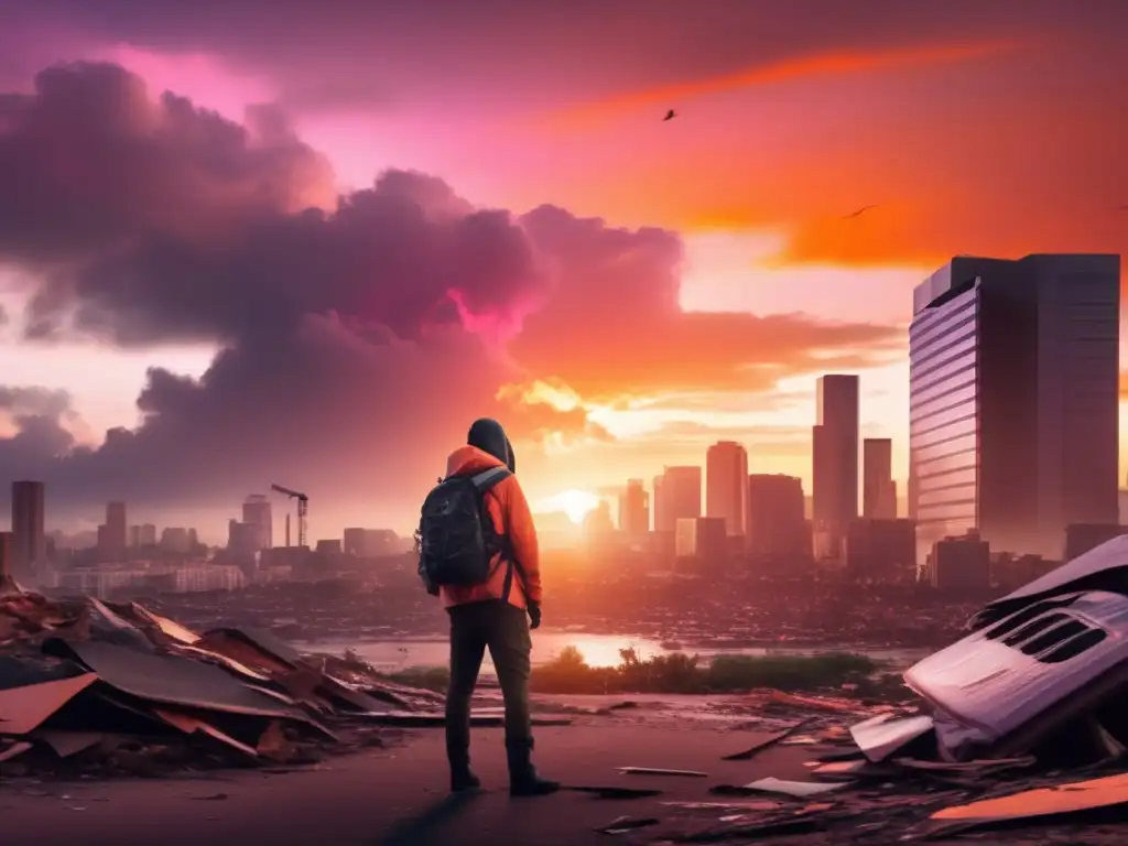 A heart-wrenching scene of a city ravaged by a hurricane, with debris and destruction visible, set against a backdrop of an orange and pink sunset