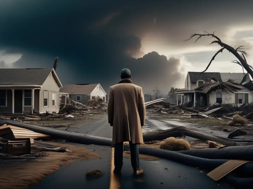 In sight: a desolate, ravaged town, with debris, fallen trees, and damaged buildings scattered across a bleak landscape