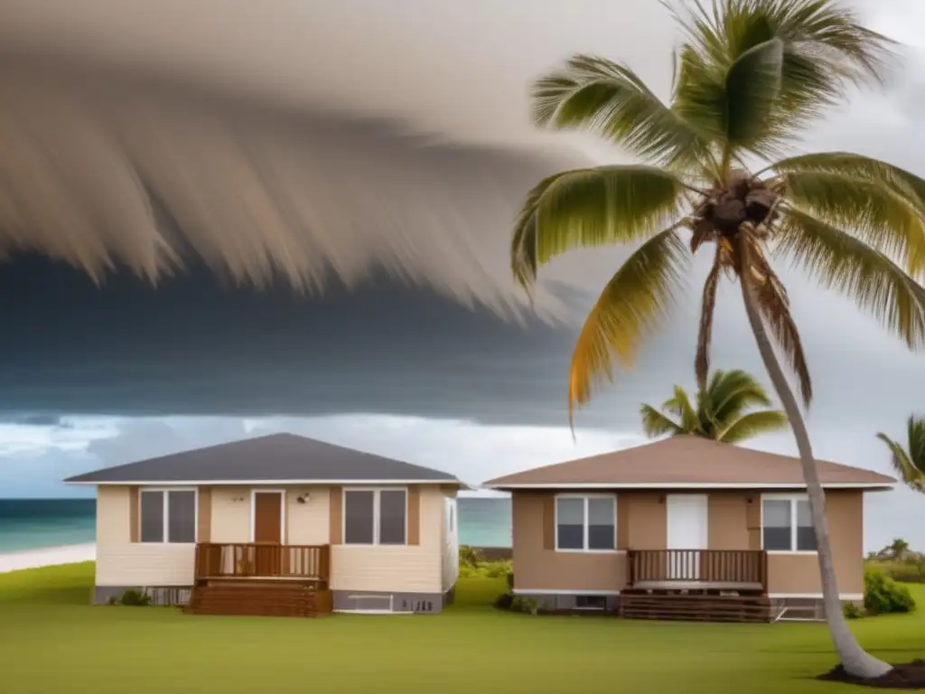 A powerful duct-taped bungalow stands ready for a hurricane, obstructed view of the sea replaced by a sense of foreboding