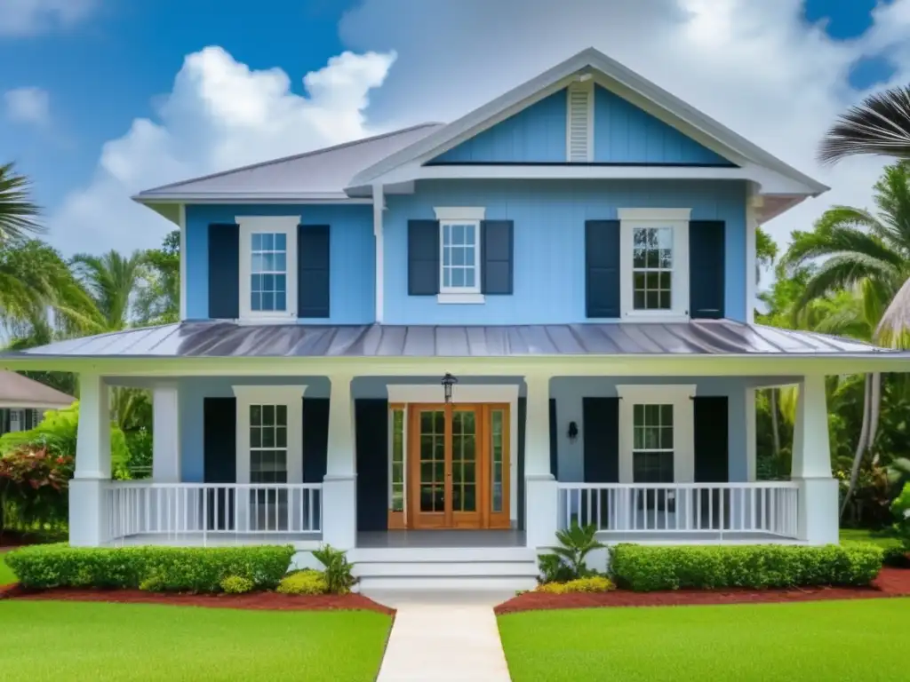 A well-maintained home stands tall and ready for a storm, with hurricane shutters securely fastened to its windows and doors