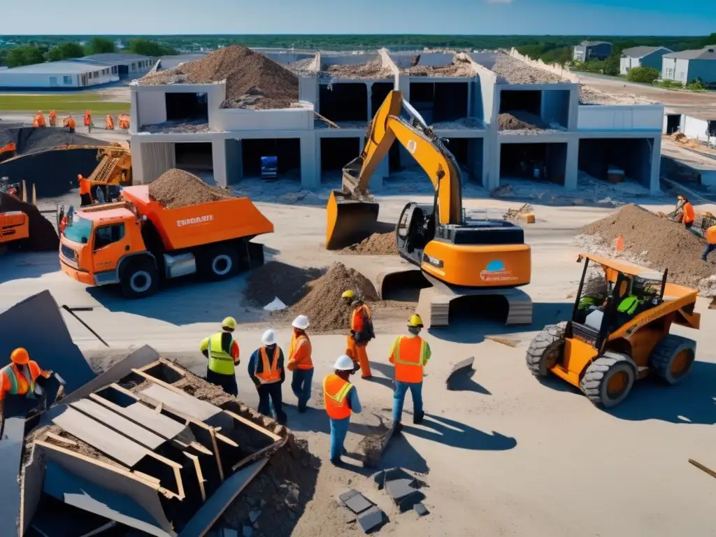 Intense aerial shot of workers collaboratively rebuilding and restoring a storm-devastated cityscape in aftermath of hurricane