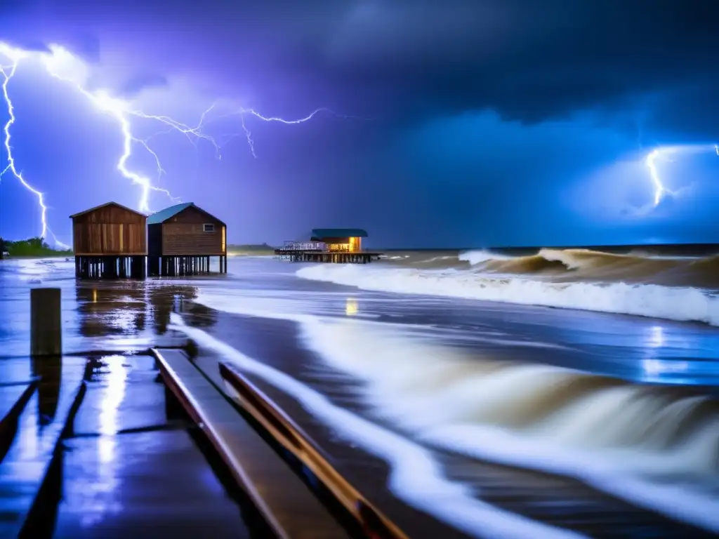 Amidst the chaos caused by a hurricane, a close-up of a flooded beach reveals waves crashing onto a pier and row of wooden buildings