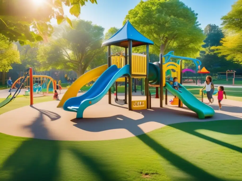 An aerial shot of a park where children play on jungle gyms, swings, and slide sets, surrounded by colorful flowers and trees