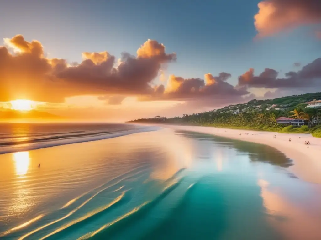 A breathtaking aerial shot of a serene landscape, bathed in golden light and reflected in the calm ocean