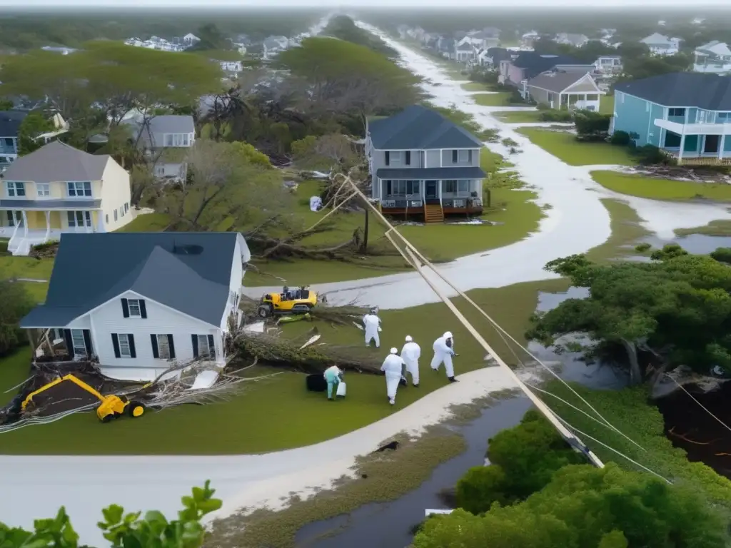 DESTROYED: An aerial view of a devastating hurricane ravaging a coastal town, with power lines stripped and homes destroyed