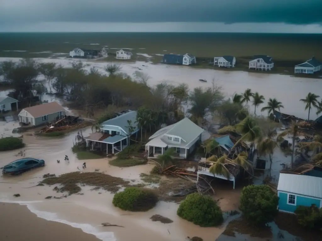 Destroyed coastal town after a hurricane, flooded buildings, toppled trees, debris scattered throughout the landscape