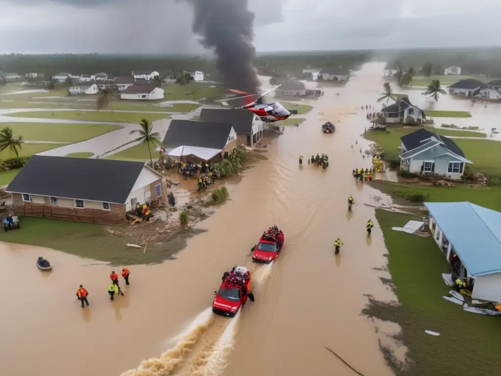 Urgent: A helicopter lands amidst the devastation of a hurricane-wrecked village, as emergency response teams rush in with aid