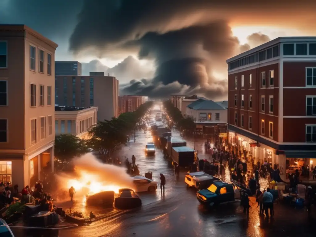 A generator illuminates the chaos of a hurricane-ravaged city, as people gather to protect their electronics