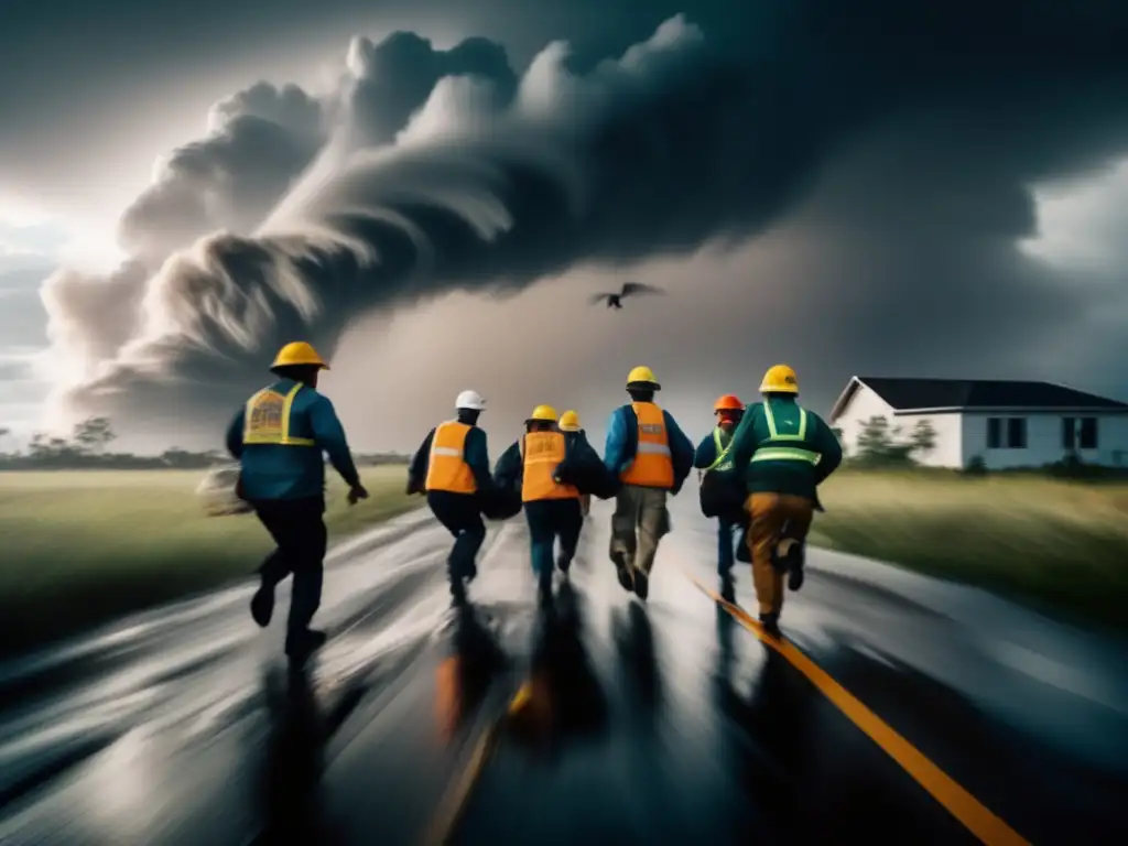 A cinematic depiction of volunteers urgently rushing to provide relief during a hurricane